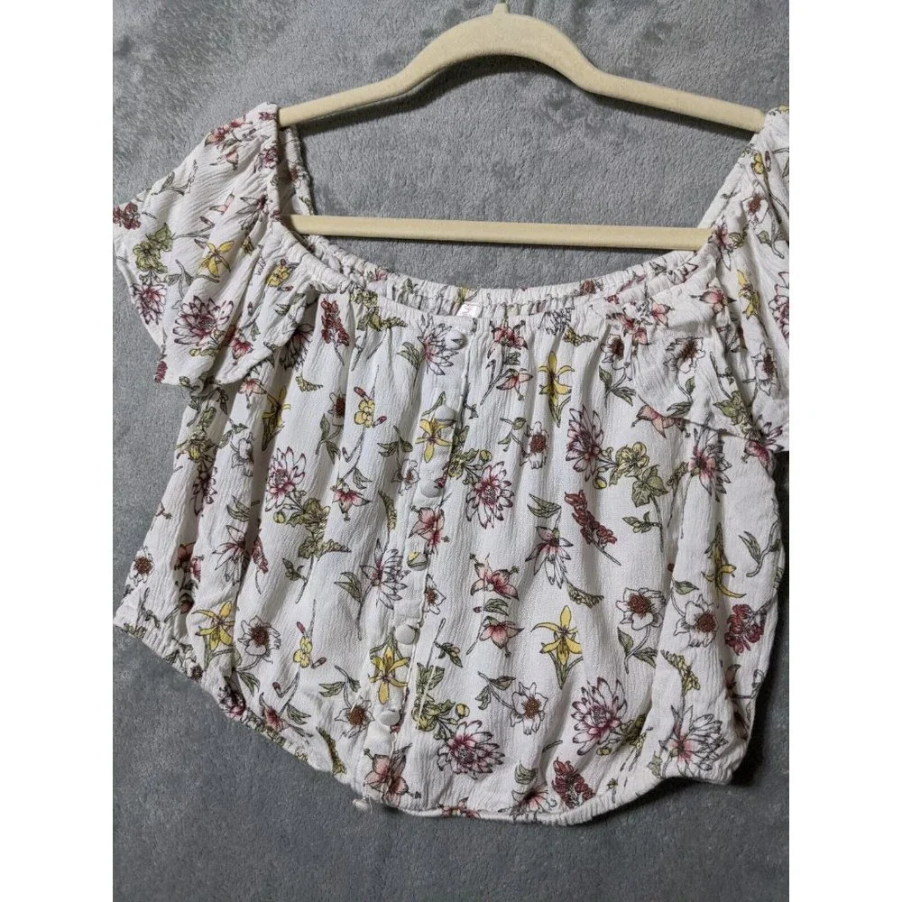 🍑XHILARATION Women 100% Rayon Knit Top Cropped Floral Multicolor MEDIUM (8-10) - Picture 10 of 11